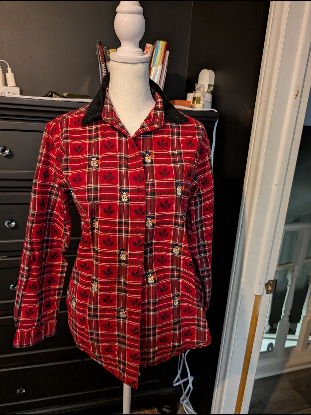 Red Plaid Button-Up Blouse with Black Collar
